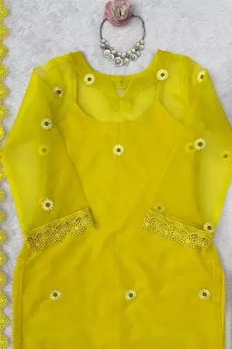 yellow color thread and lace work organza salwar kameez set