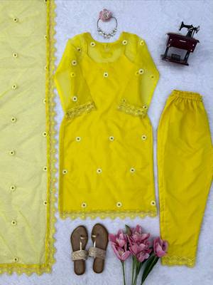 yellow color thread and lace work organza salwar kameez set 5