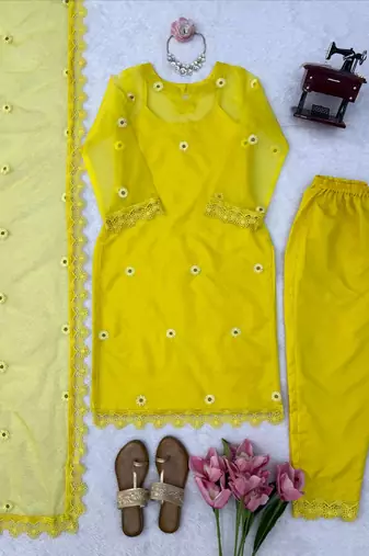 yellow color thread and lace work organza salwar kameez set