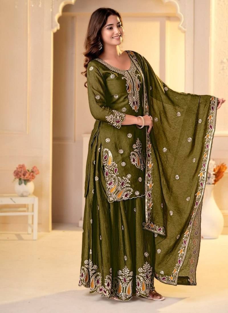 Mehendi rangoli crush  party  embroidery wear  sharara suit set