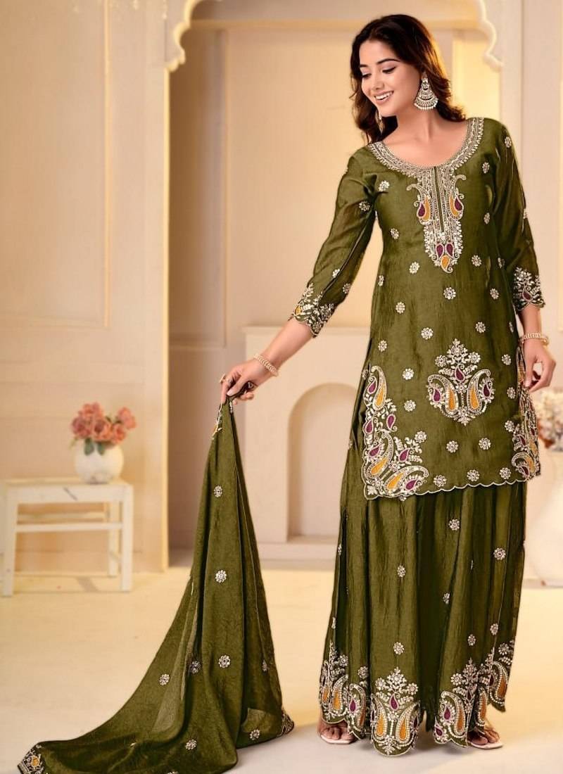 Mehendi rangoli crush  party  embroidery wear  sharara suit set