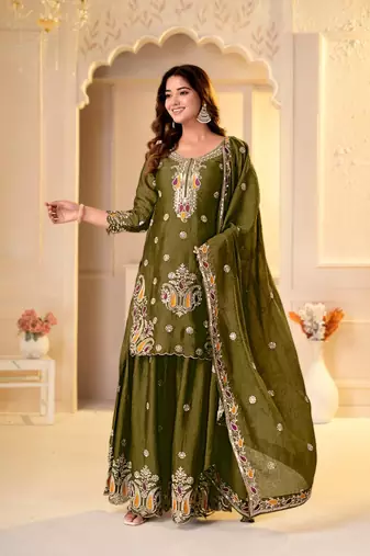 Mehendi rangoli crush  party  embroidery wear  sharara suit set