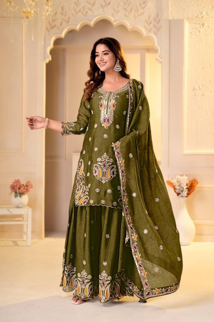 Mehendi rangoli crush  party  embroidery wear  sharara suit set