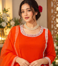orange color beads and lace work crepe salwar kameez set