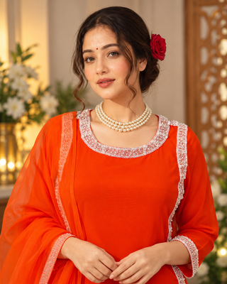 orange color beads and lace work crepe salwar kameez set 2