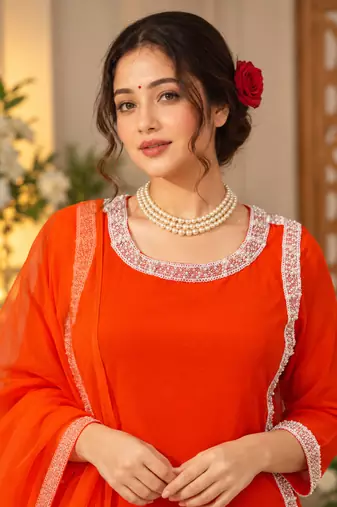 orange color beads and lace work crepe salwar kameez set