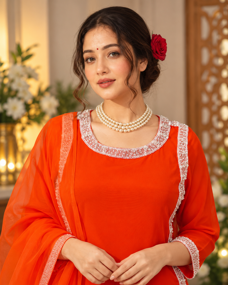 orange color beads and lace work crepe salwar kameez set