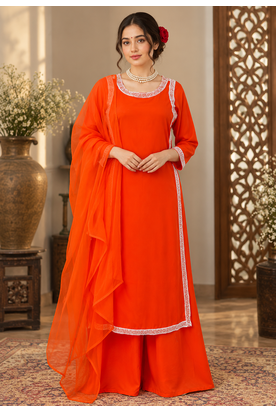 orange color beads and lace work crepe salwar kameez set 1