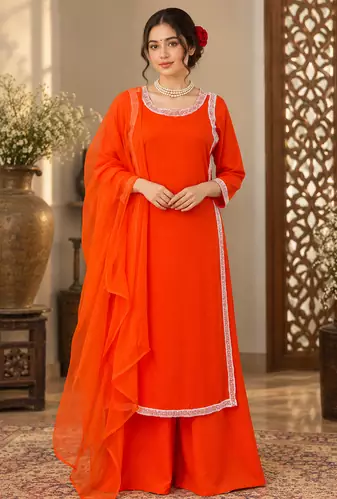 orange color beads and lace work crepe salwar kameez set