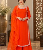 orange color beads and lace work crepe salwar kameez set