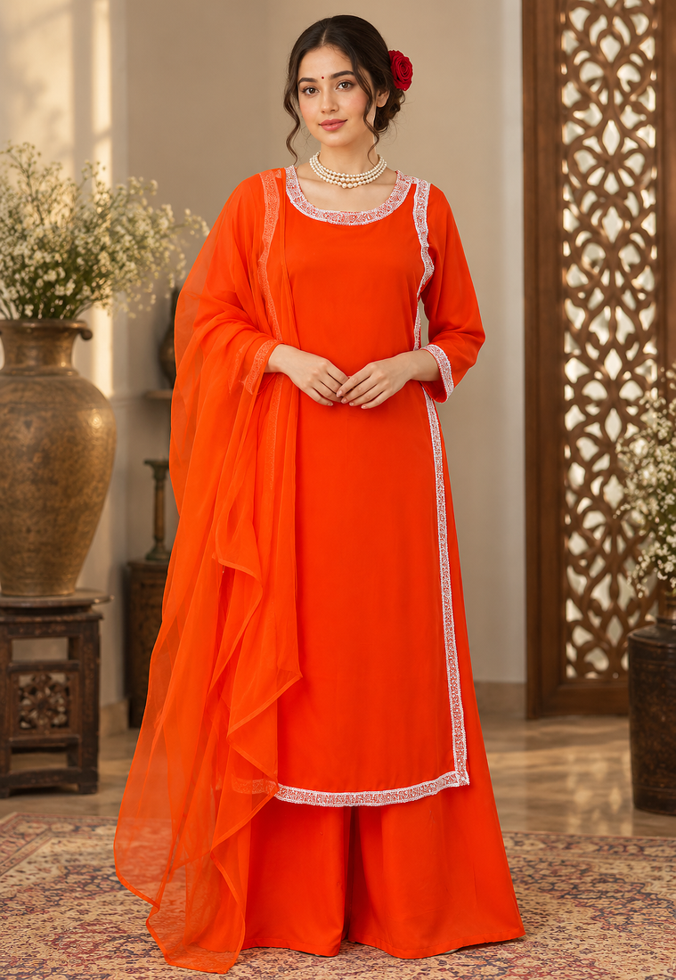 orange color beads and lace work crepe salwar kameez set