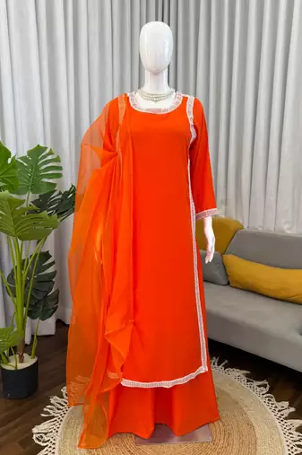 orange color beads and lace work crepe salwar kameez set