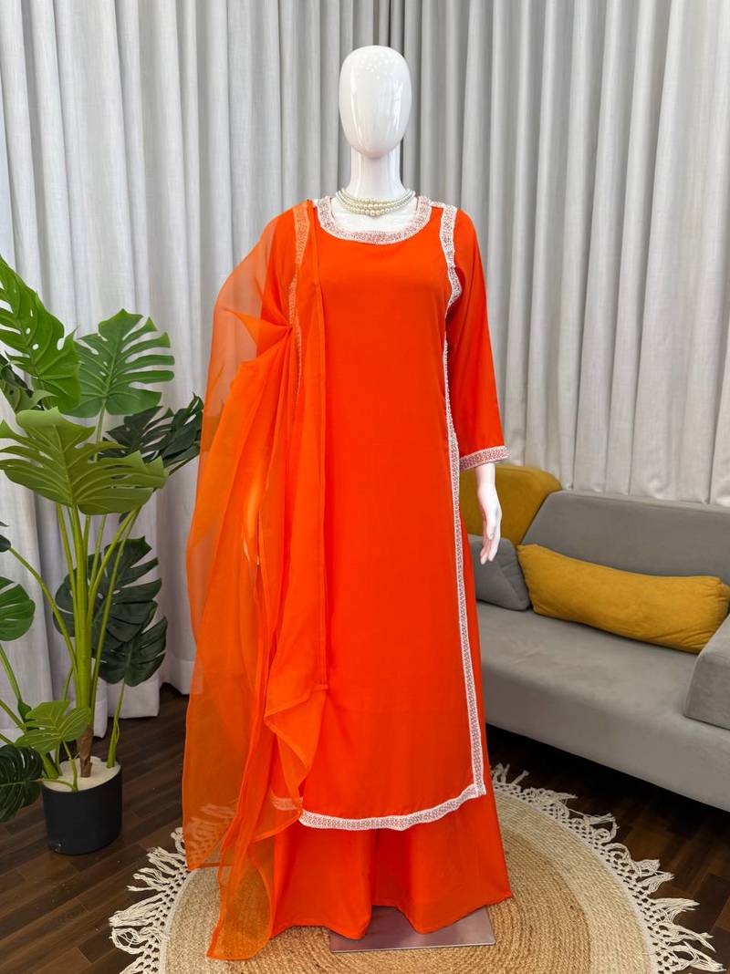 orange color beads and lace work crepe salwar kameez set