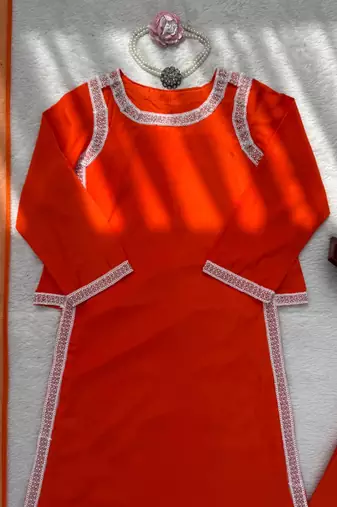 orange color beads and lace work crepe salwar kameez set