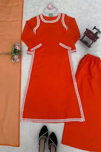 orange color beads and lace work crepe salwar kameez set