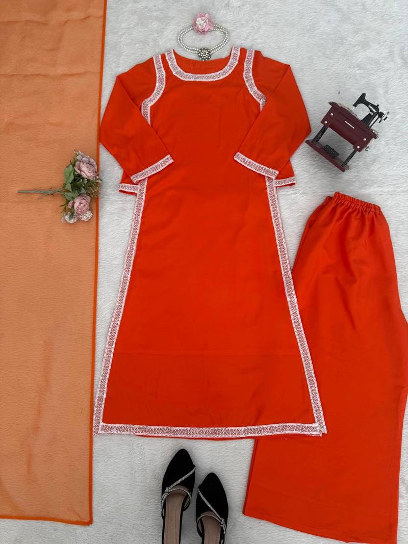 orange color beads and lace work crepe salwar kameez set