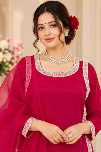 rani pink color beads and lace work crepe salwar kameez set