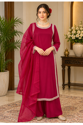 rani pink color beads and lace work crepe salwar kameez set 1