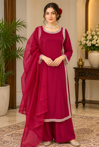 rani pink color beads and lace work crepe salwar kameez set
