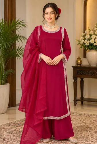 rani pink color beads and lace work crepe salwar kameez set