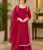 rani pink color beads and lace work crepe salwar kameez set