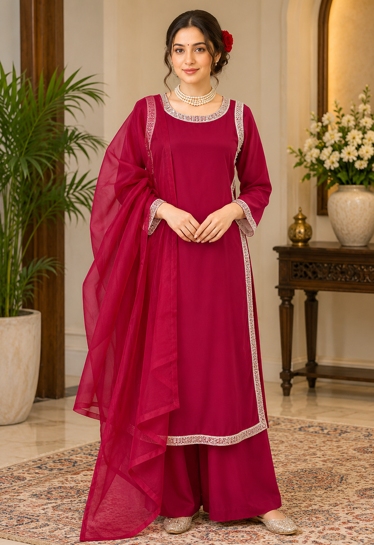 rani pink color beads and lace work crepe salwar kameez set