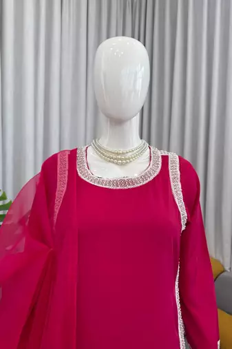 rani pink color beads and lace work crepe salwar kameez set