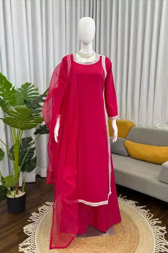 rani pink color beads and lace work crepe salwar kameez set