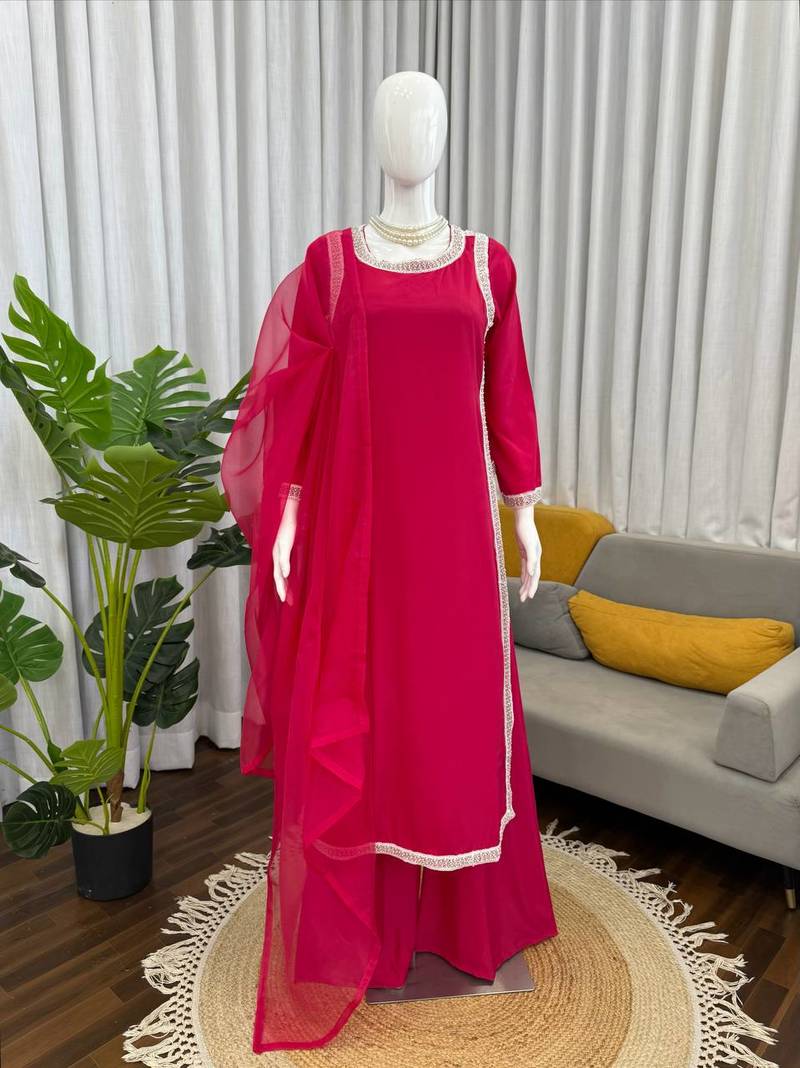 rani pink color beads and lace work crepe salwar kameez set