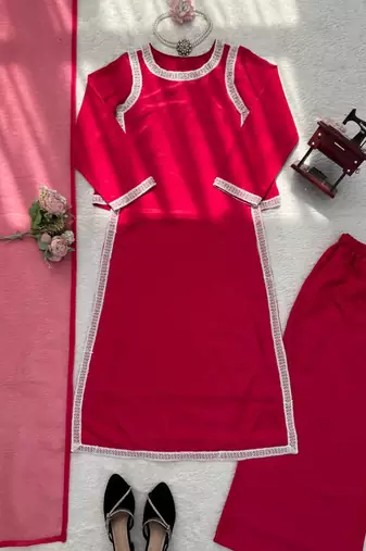 rani pink color beads and lace work crepe salwar kameez set