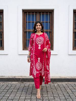 WOMEN PURE COTTON PRINTED  BANDHEJ PRINT WITH HAND WORK KURTA WITH PANT AND DUPATTA  1
