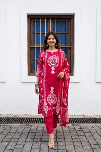 WOMEN PURE COTTON PRINTED  BANDHEJ PRINT WITH HAND WORK KURTA WITH PANT AND DUPATTA 