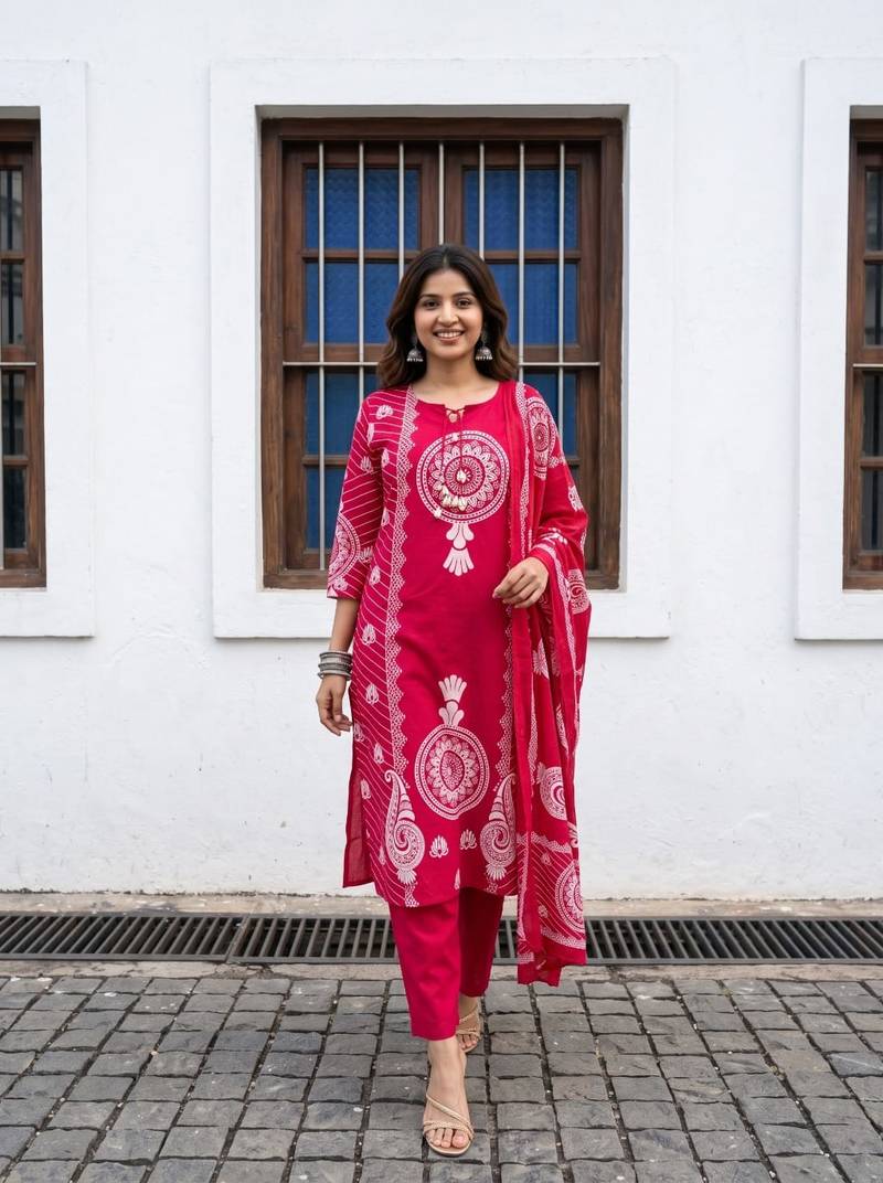 WOMEN PURE COTTON PRINTED  BANDHEJ PRINT WITH HAND WORK KURTA WITH PANT AND DUPATTA 