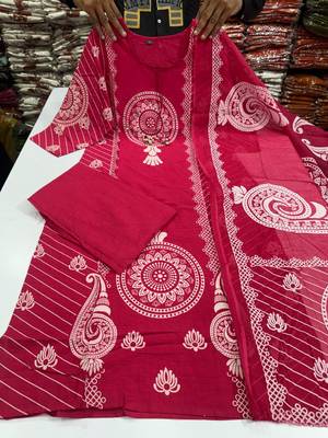 WOMEN PURE COTTON PRINTED  BANDHEJ PRINT WITH HAND WORK KURTA WITH PANT AND DUPATTA  2