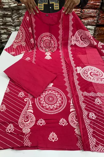 WOMEN PURE COTTON PRINTED  BANDHEJ PRINT WITH HAND WORK KURTA WITH PANT AND DUPATTA 