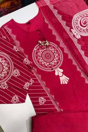 WOMEN PURE COTTON PRINTED  BANDHEJ PRINT WITH HAND WORK KURTA WITH PANT AND DUPATTA 