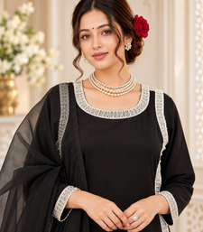 black color beads and lace work crepe salwar kameez set