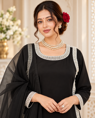 black color beads and lace work crepe salwar kameez set 2