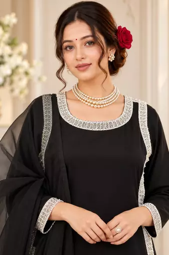 black color beads and lace work crepe salwar kameez set