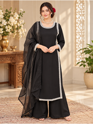 black color beads and lace work crepe salwar kameez set 1