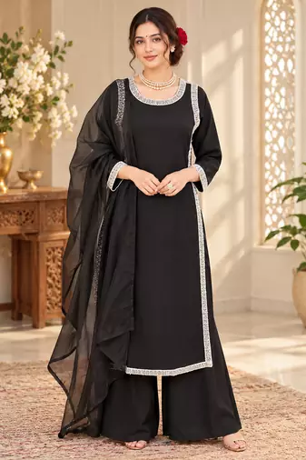 black color beads and lace work crepe salwar kameez set