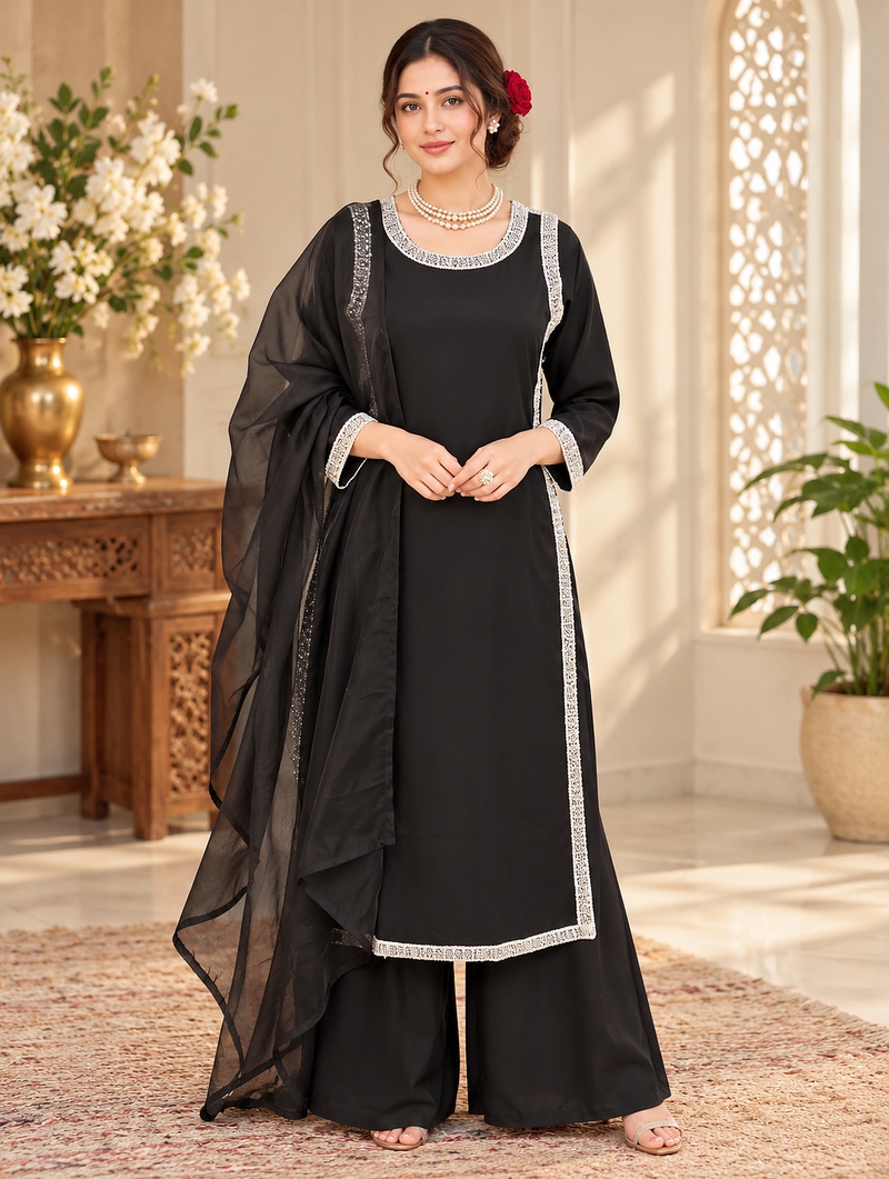 black color beads and lace work crepe salwar kameez set