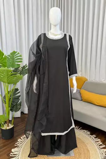 black color beads and lace work crepe salwar kameez set