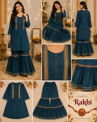 WOMEN COTTON  FIT N FLARED SHORT KURTI WITH SHARARA 1