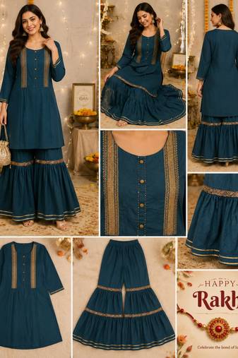 WOMEN COTTON  FIT N FLARED SHORT KURTI WITH SHARARA