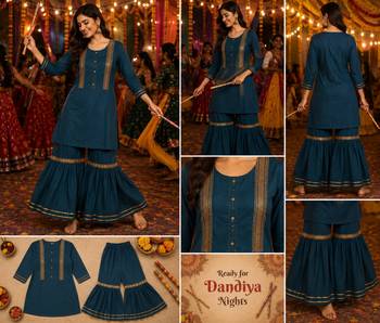 WOMEN COTTON  FIT N FLARED SHORT KURTI WITH SHARARA 2