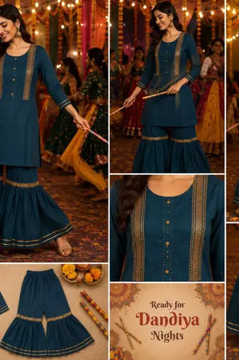 WOMEN COTTON  FIT N FLARED SHORT KURTI WITH SHARARA