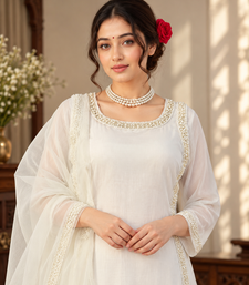 white color beads and lace work crepe salwar kameez set