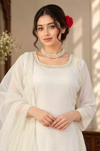 white color beads and lace work crepe salwar kameez set
