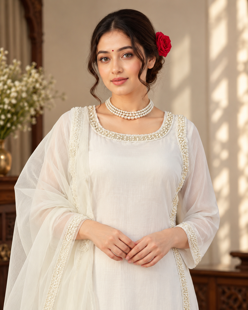 white color beads and lace work crepe salwar kameez set